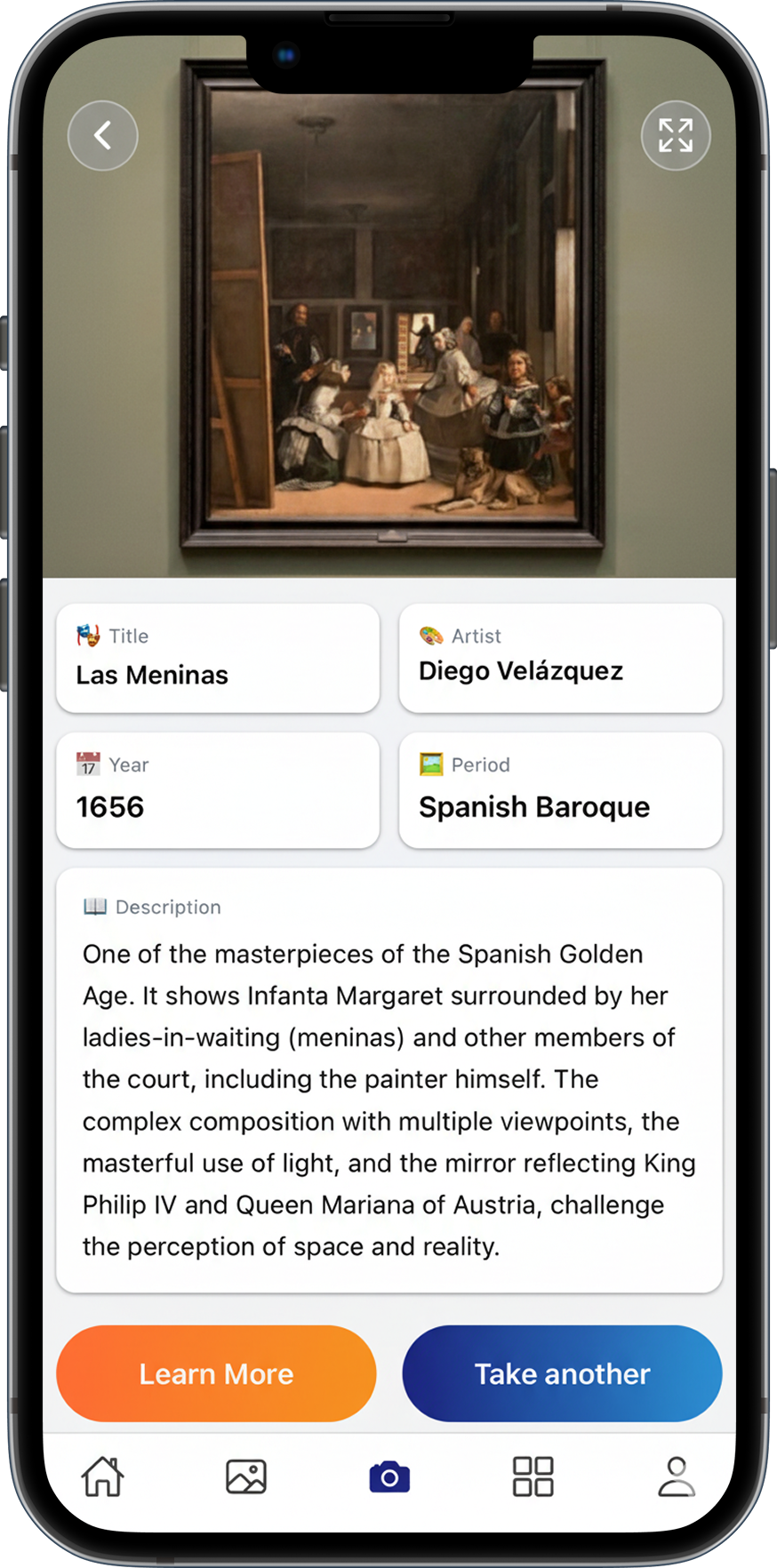 Información cultural instantánea Pantalla de información detallada en Travel AI con historia y datos de obra de arte identificada
