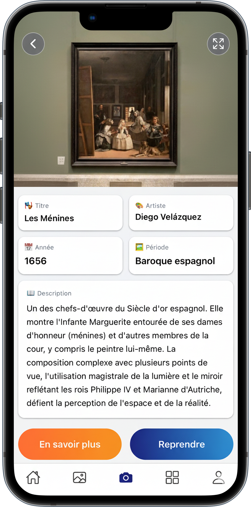 Información cultural instantánea Pantalla de información detallada en Travel AI con historia y datos de obra de arte identificada