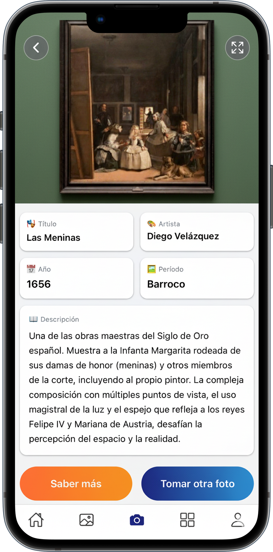 Información cultural instantánea Pantalla de información detallada en Travel AI con historia y datos de obra de arte identificada